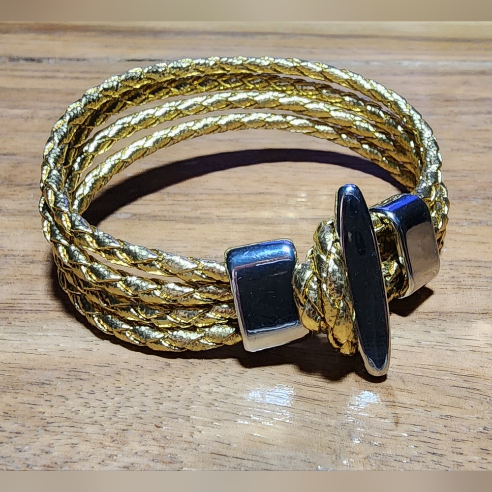 Gold Braided Leather Bracelet with Black & Silver Clasp